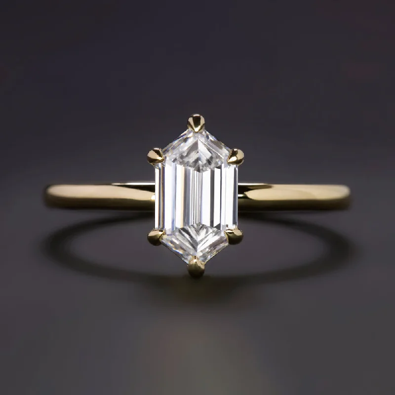 Yellow Gold Engagement Rings -1.15ct LAB CREATED DIAMOND ENGAGEMENT RING HEXAGON CUT 14k YELLOW GOLD SOLITAIRE