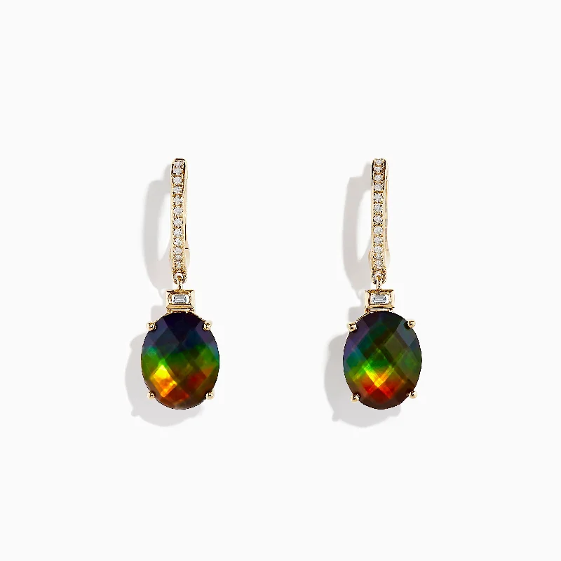 Ladies Yoga Earrings -14K Yellow Gold Ammolite and Diamond Drop Earrings