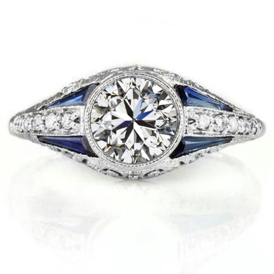 Unique Engagement Rings -1ct GIA CERTIFIED DIAMOND SAPPHIRE ENGAGEMENT RING VINTAGE STYLE ART DECO ROUND