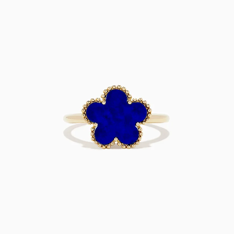 good luck women's rings -Novelty 14K Yellow Gold Lapis Flower Ring