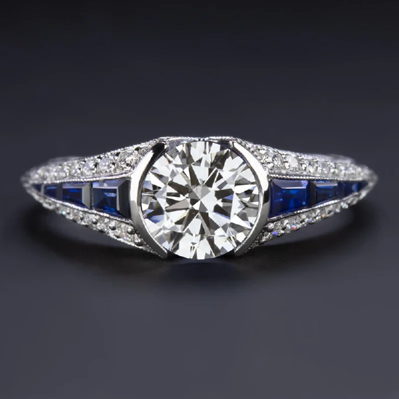 Solitaire Engagement Rings -1ct GIA CERTIFIED DIAMOND SAPPHIRE ENGAGEMENT RING VINTAGE STYLE 14k WHITE GOLD