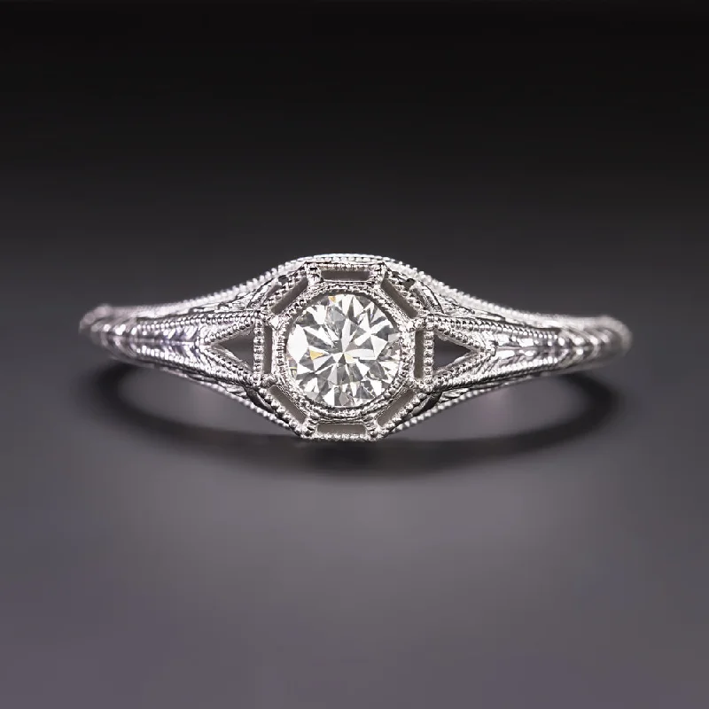 Chakra Engagement Rings -VINTAGE STYLE DIAMOND ENGAGEMENT RING 0.32ct G-H SI1-SI2 14k WHITE GOLD FILIGREE