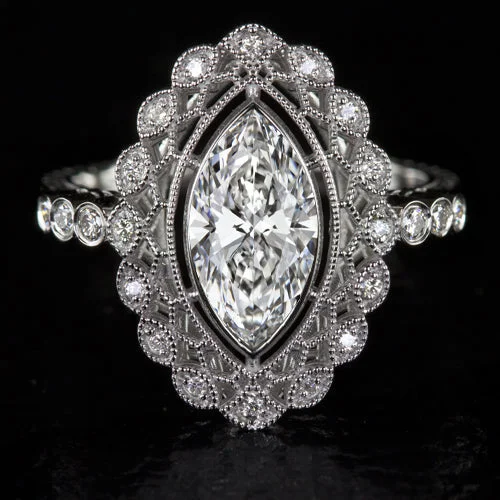 Loud Engagement Rings -2ct VINTAGE STYLE ENGAGEMENT RING LAB CREATED DIAMOND FILIGREE HALO MARQUISE CUT