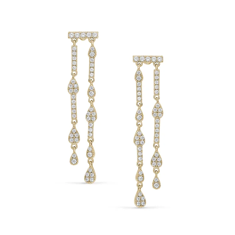 Ladies Dreamy Earrings -Gold Finish Sterling Silver Micropave Two Row Drop Earrings with Simulated Diamonds