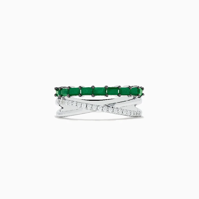 sun and moon women's rings -Brasilica 14K White Gold Emerald and Diamond Crossover Ring