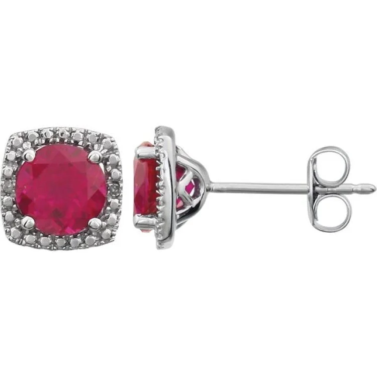 Ladies Bar Earrings -Sterling Silver Lab-Grown Ruby & .015 CTW Natural Diamond Earrings