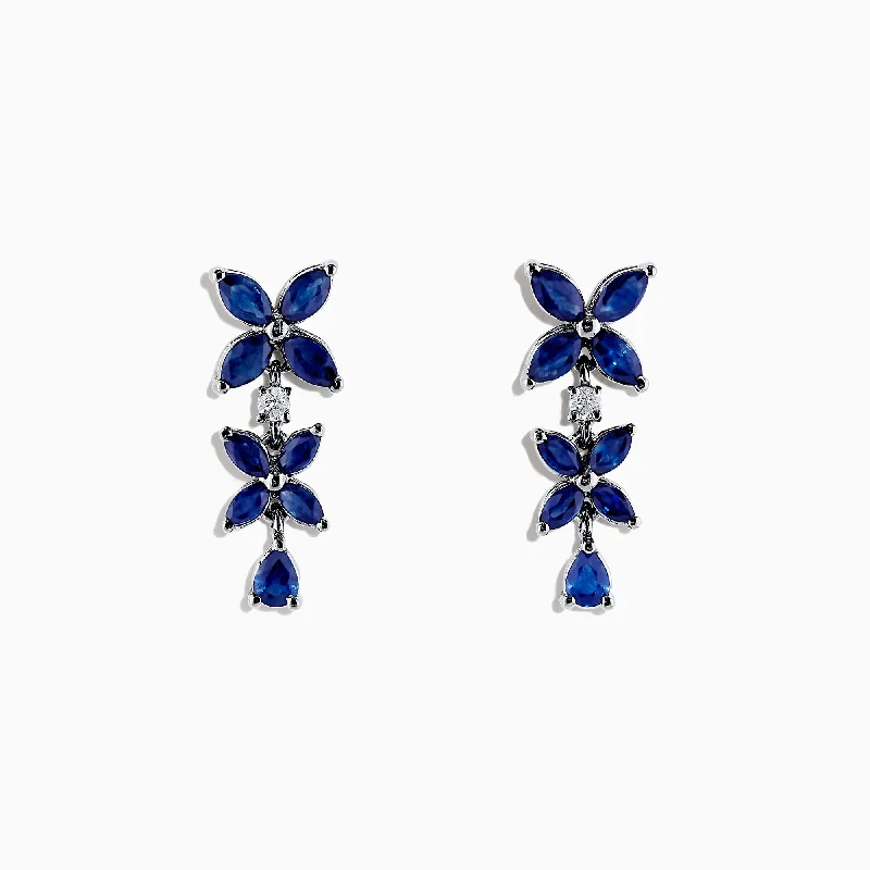 Ladies Tribal Earrings -14K White Gold Blue Sapphire and Diamond Earrings, 2.72 TCW