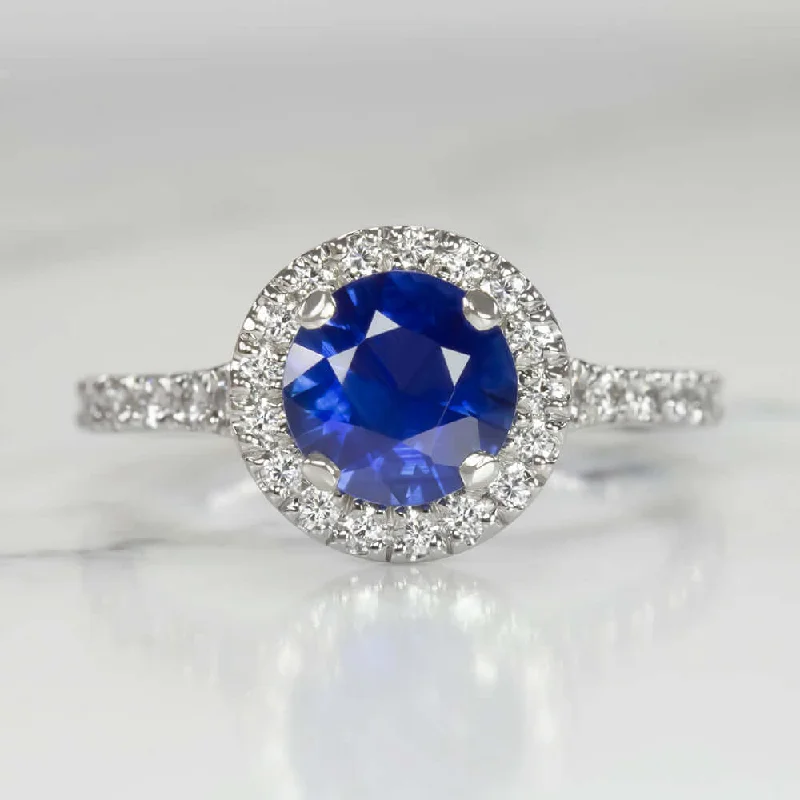 Architectural Engagement Rings -1.5 CARAT SAPPHIRE DIAMOND COCKTAIL RING HALO ROUND CUT PLATINUM ENGAGEMENT BLUE