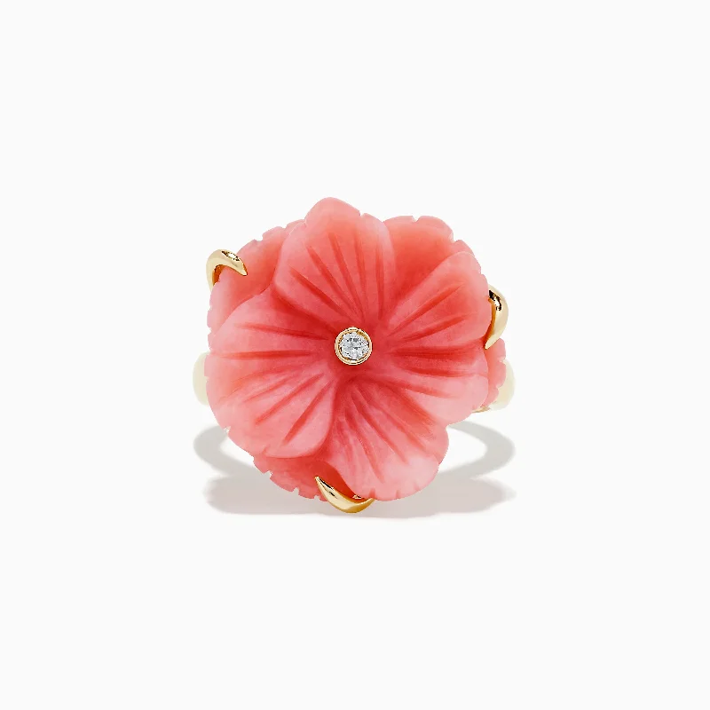 luxury women's rings -Nature 14K Yellow Gold Pink Opal and Diamond Flower Ring