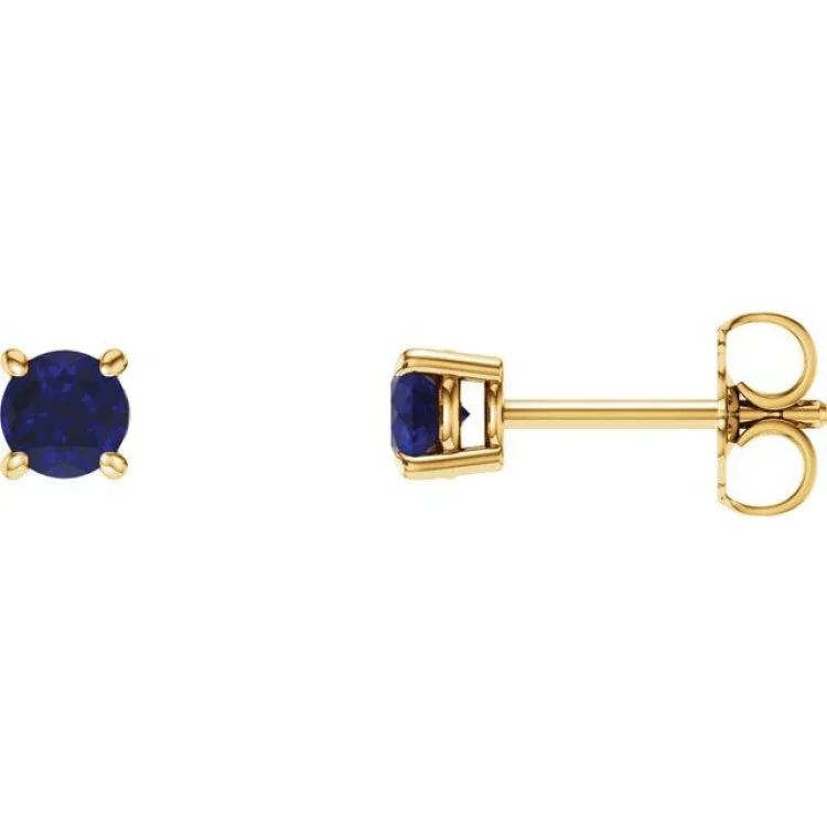 Ladies 18K Gold Earrings -14K Yellow 5 mm Natural Blue Sapphire Stud Earrings