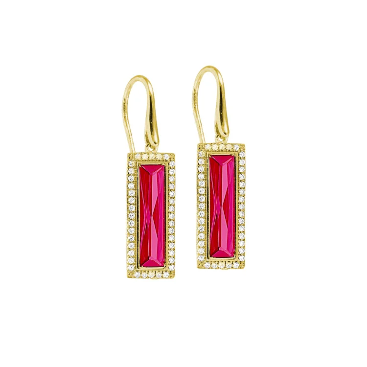 Ladies Wedding Earrings -Gold Finish Sterling Silver Earrings with Rectangular Simulated Ruby Stones and Simulated Diamonds