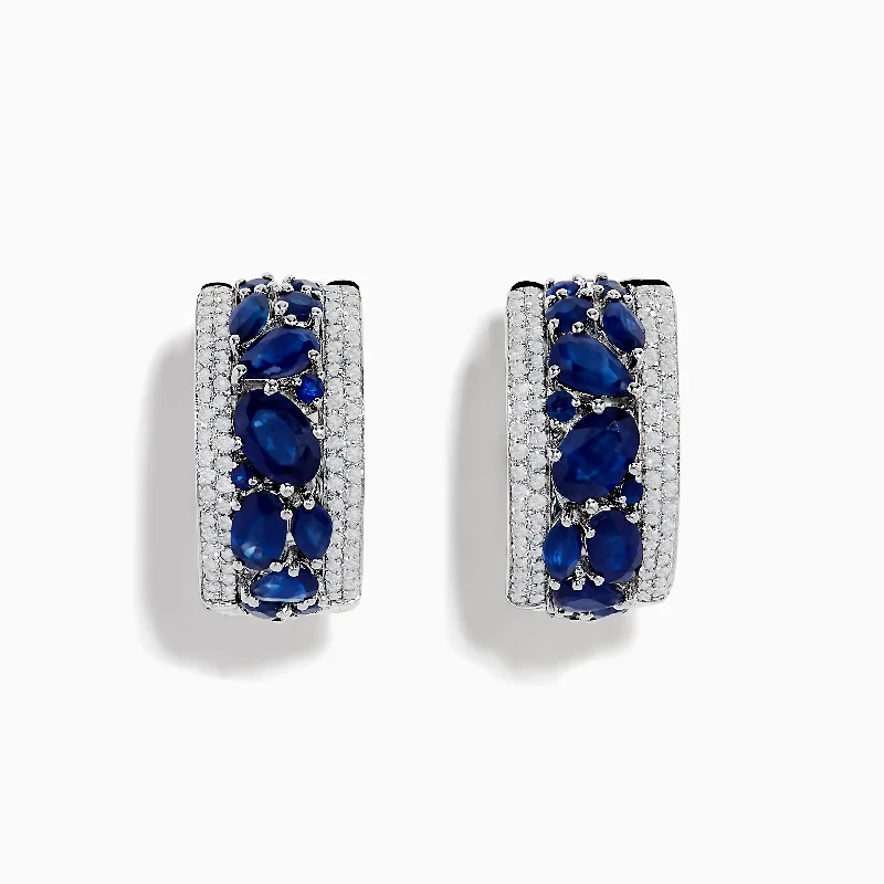 Ladies Fantasy Earrings -14K White Gold Sapphire and Diamond Huggie Earrings