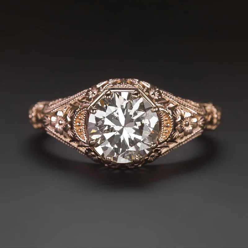 Pink Diamond Engagement Rings -VINTAGE STYLE DIAMOND SOLITAIRE RING 1.10ct ROSE GOLD FILIGREE FLORAL ENGAGEMENT