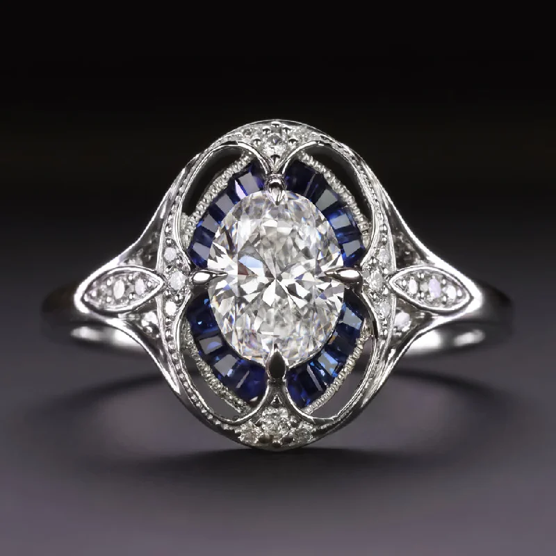 Elegant Engagement Rings -1 CARAT DIAMOND SAPPHIRE ENGAGEMENT RING ART DECO VINTAGE STYLE OVAL SHAPE HALO