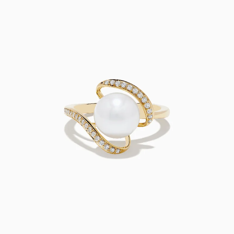 moissanite women's rings -Pearl 14K Yellow Gold Pearl and Diamond Ribbon Ring