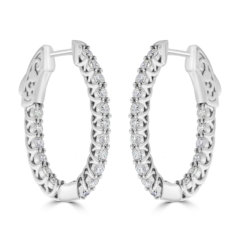 Ladies Personalized Earrings -14KT WHITE GOLD 0.95 CTW DIAMOND TRELLIS HOOP EARRINGS