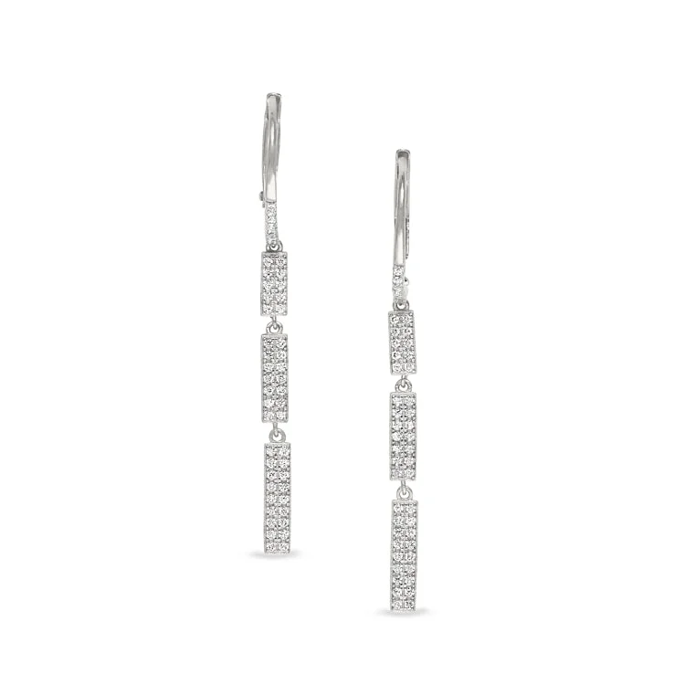 Ladies Special Occasion Earrings -Platinum Finish Sterling Silver Micropave Three Bar Drop Earrings with Simulated Diamonds