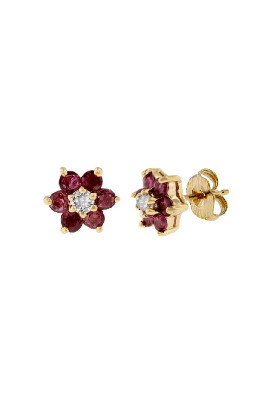 Ladies Thin Earrings -14K Yellow Gold Ruby and Diamond Flower Stud Earrings