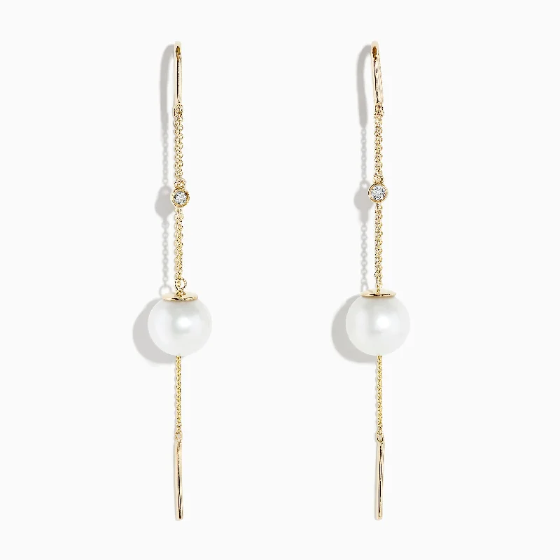 Ladies Evening Earrings -14K Yellow Gold Pearl and Diamond Drop Earrings