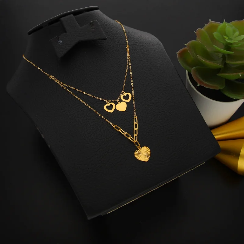 Ladies Engagement Necklaces -hypoallergenic necklaces -Gold Double Layered Necklace (Chain With Hollow Heart Shaped Pendant) 21KT - FKJNKL21KM9894