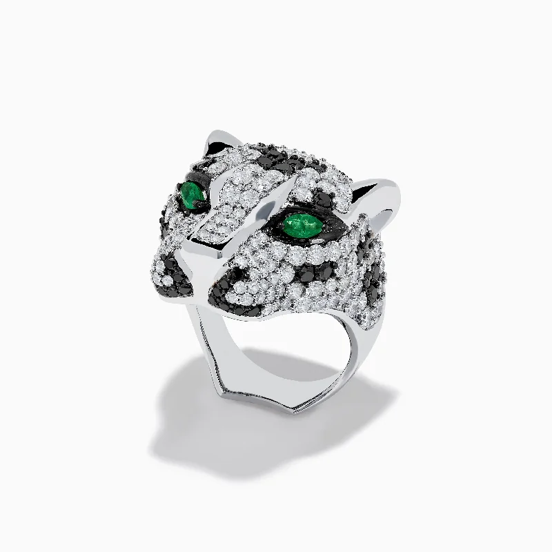 contemporary women's rings -Signature Panther Head 14K White Gold Diamond & Emerald Ring