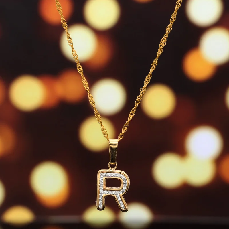 Ladies Glitter Necklaces -mother-daughter necklaces -Gold Necklace (Chain with R Shaped Alphabet Letter Pendant) 18KT - FKJNKL18K9421