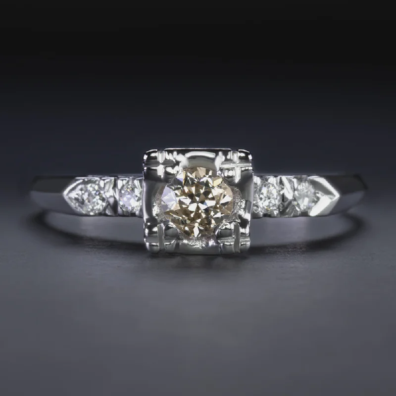 Sculptural Engagement Rings -OLD EUROPEAN CUT NATURAL DIAMOND ENGAGEMENT RING 14K WHITE GOLD VINTAGE ESTATE