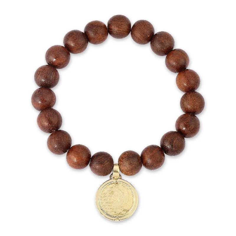 Ladies Bracelets with Peridot-Wood Beaded Bracelet with Lioness Coin