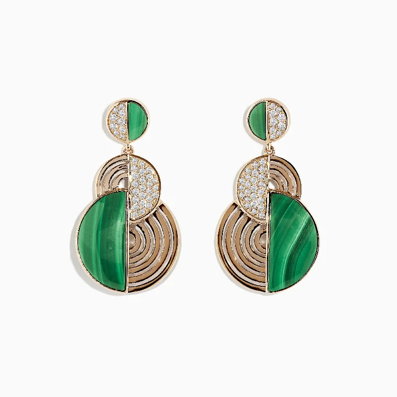 Ladies 18K Gold Earrings -14K Yellow Gold Half Moon Malachite and Diamond Earrings