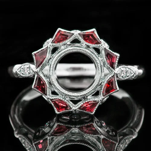 Edwardian Engagement Rings -VINTAGE STYLE DIAMOND RUBY COCKTAIL HALO ENGAGEMENT RING SETTING ART DECO 6.5M