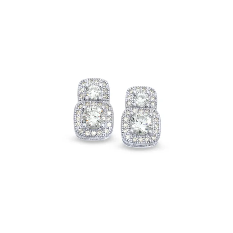 Ladies Hope Earrings -Platinum Finish Sterling Silver Micropave Two Stone Earrings with 54 Simulated Diamonds