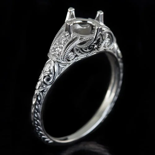 Affordable Engagement Rings -VINTAGE STYLE ROUND DIAMOND MOUNT ENGAGEMENT RING SETTING WHITE GOLD ART DECO