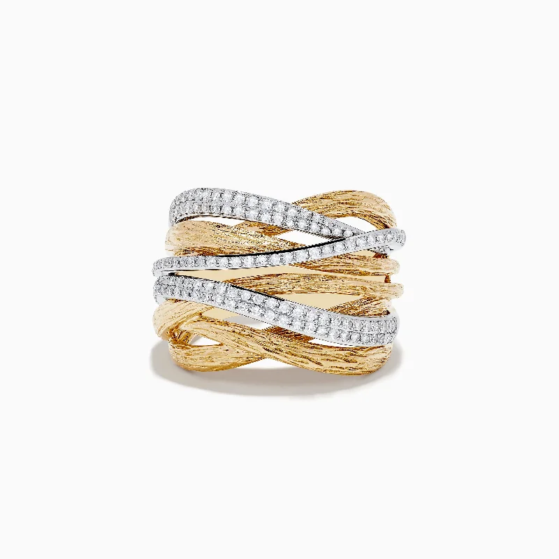 wedding bands for women -Duo 14K Two-Tone Textured Gold Pave Diamond Crossover Ring