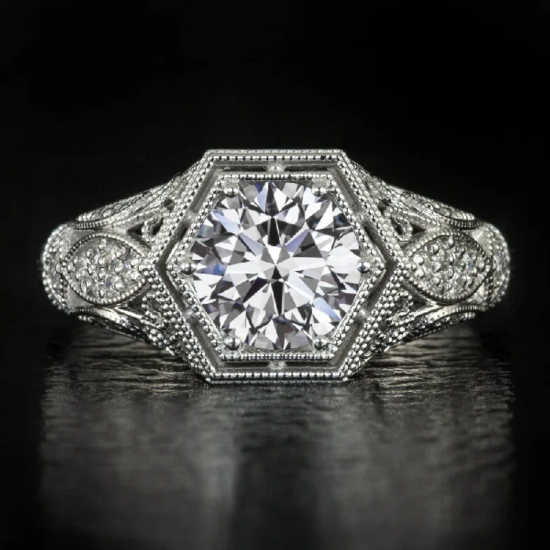 Moonstone Engagement Rings -1.5ct VINTAGE STYLE ENGAGEMENT RING LAB CREATED DIAMOND FILIGREE 14k WHITE GOLD