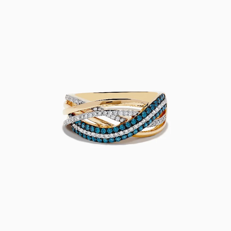 ocean-themed women's rings -Bella Bleu 14K Yellow Gold Blue and White Diamond Crossover Ring