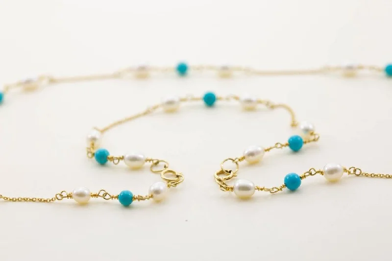 Ladies Bracelets Sterling Silver-Simon Alexander 9ct Gold Turquoise and Pearl Necklace with Bracelet