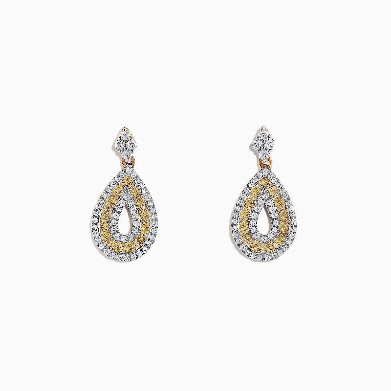 Ladies Desert Earrings -14K Yellow Gold Yellow and White Diamond Earrings, 1.25 TCW