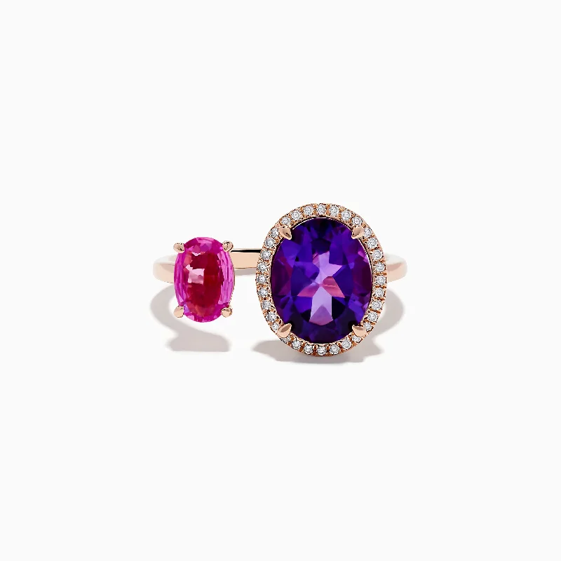 handcrafted women's rings -14K Rose Gold Amethyst, Pink Sapphire, and Diamond Toi Et Moi Ring