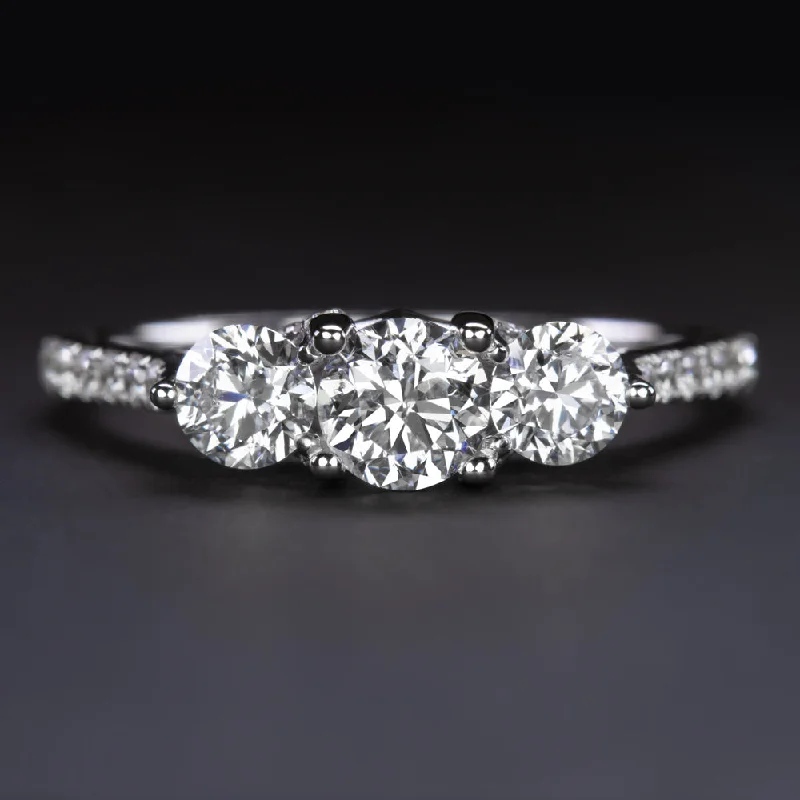 Natural Diamond Engagement Rings -0.97ctw F SI1-SI2 DIAMOND ENGAGEMENT RING 3 STONE PAVE BAND NATURAL WHITE GOLD