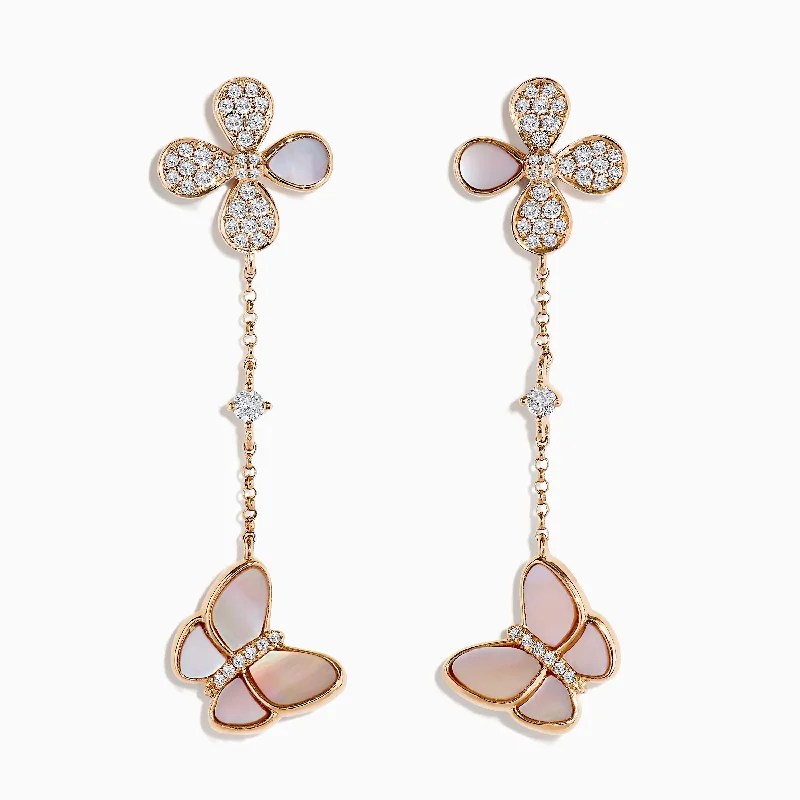 Ladies Elegant Earrings -14K Rose Gold Mother of Pearl and Diamond Butterfly Earrings, 0.39 TCW