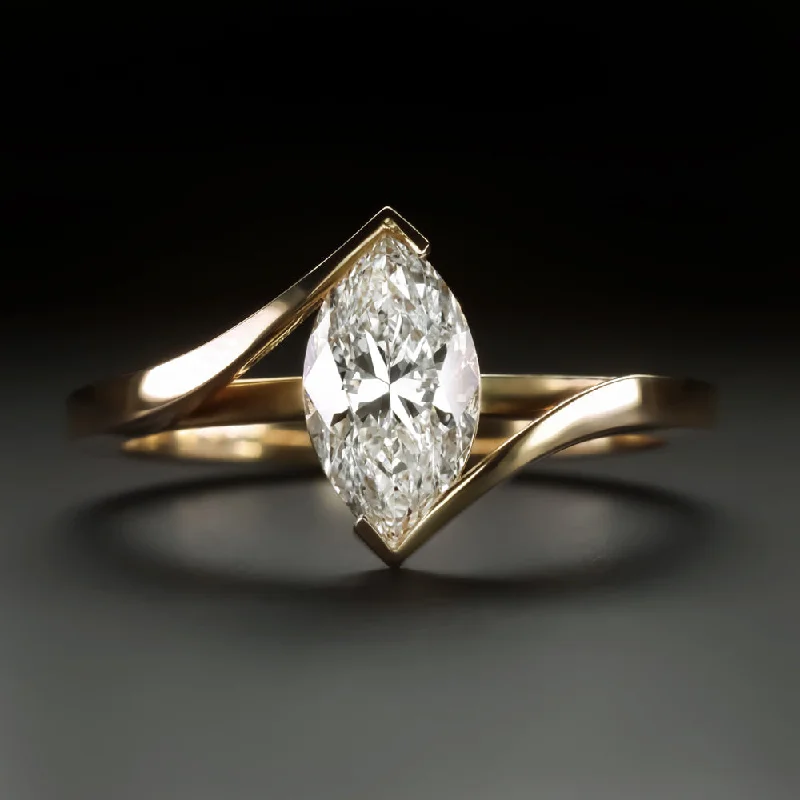 Futuristic Engagement Rings -1 CARAT MARQUISE CUT DIAMOND ENGAGEMENT RING 14k YELLOW GOLD BYPASS SOLITAIRE