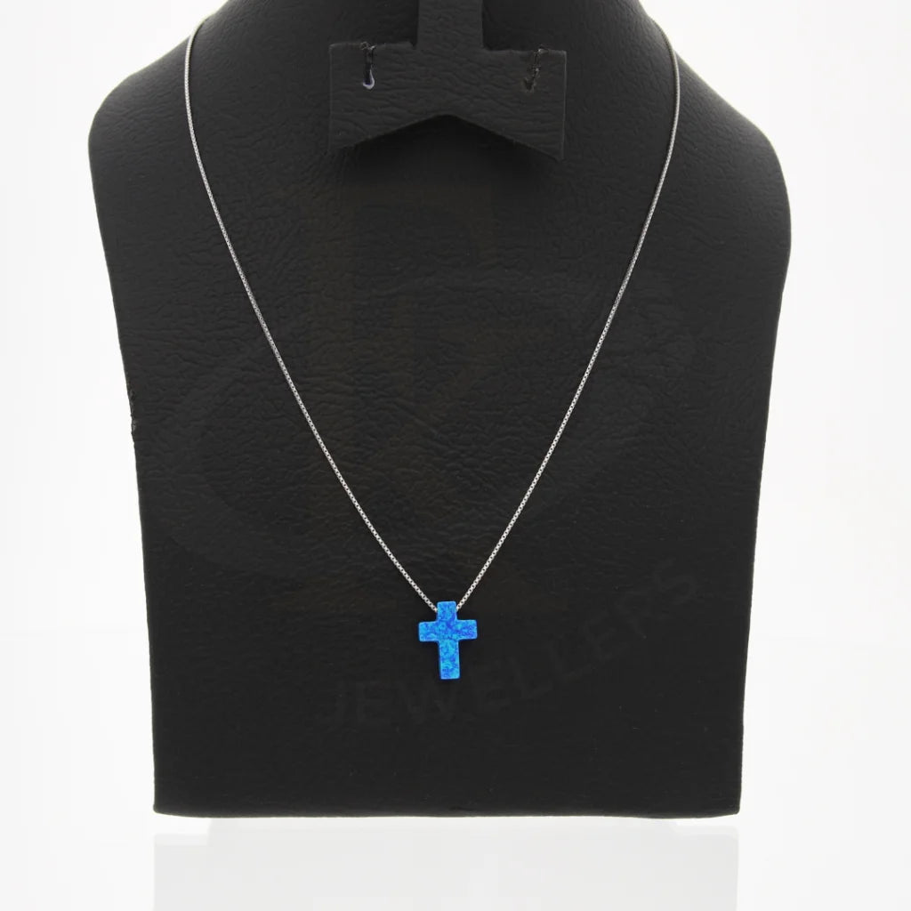 Ladies Polished Necklaces -minimalist bar necklaces -Sterling Silver 925 Blue Opal Cross Shaped Necklace - FKJNKLSL8067