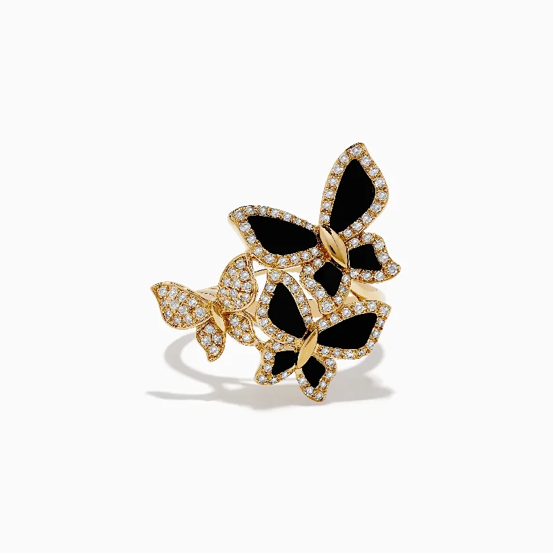 non-tarnish women's rings -Nature 14K Yellow Gold Onyx and Diamond Multi Butterfly Ring