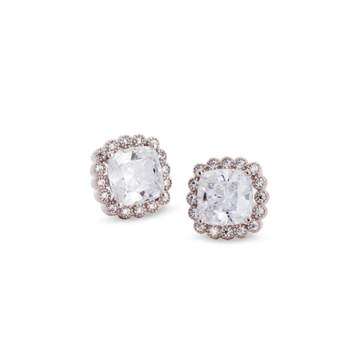 Ladies Silver Earrings -Platinum Finish Sterling Silver Cushion Cut Earrings with 32 Simulated Diamonds