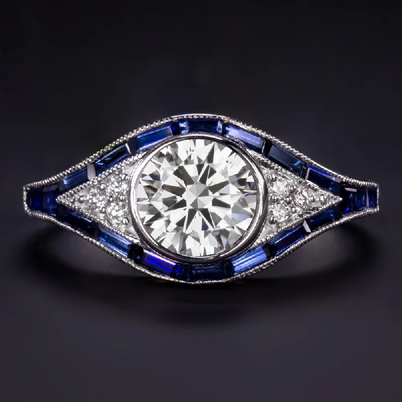 Bar Set Engagement Rings -1.20ct LAB CREATED DIAMOND SAPPHIRE ENGAGEMENT RING VINTAGE STYLE 14k WHITE GOLD