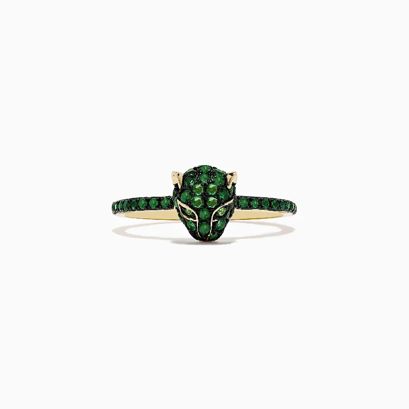 hypoallergenic women's rings -Signature 14K Yellow Gold Emerald and Tsavorite Panther Ring, 0.57 TCW