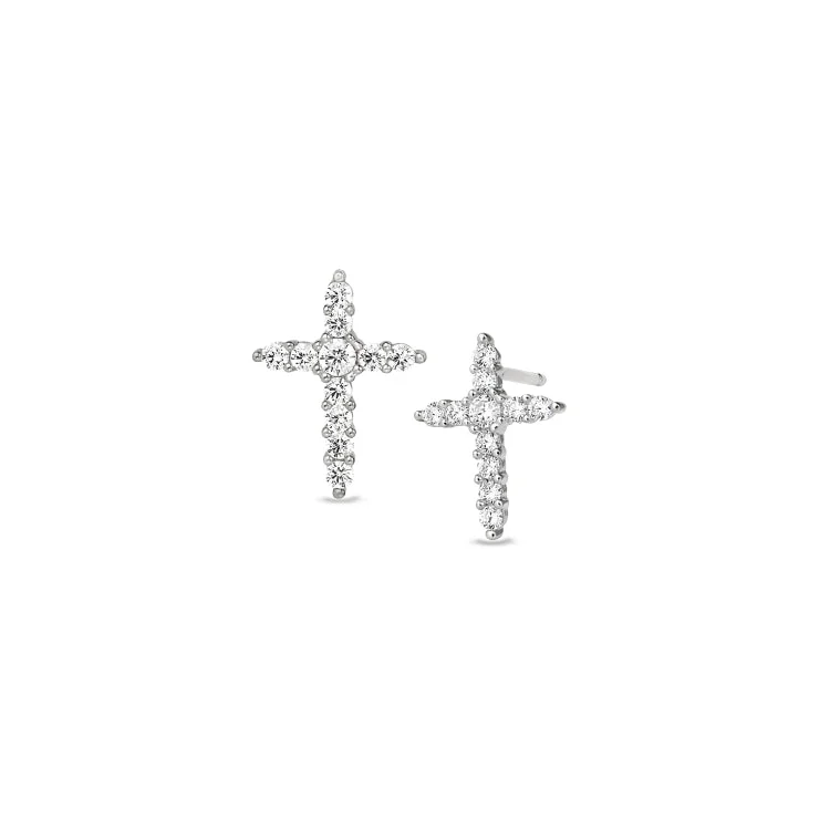 Ladies Tassel Earrings -Platinum Finish Sterling Silver Cross Earrings with Simulated Diamonds