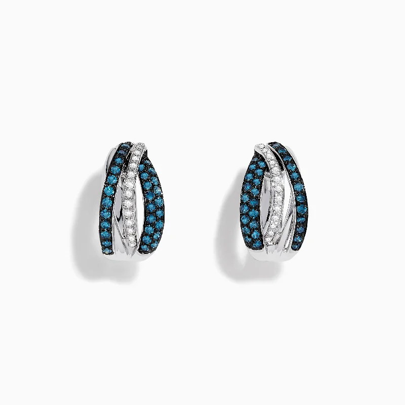 Ladies Silk Earrings -Bella Bleu 14K White Gold White and Blue Diamond Hoop Earrings