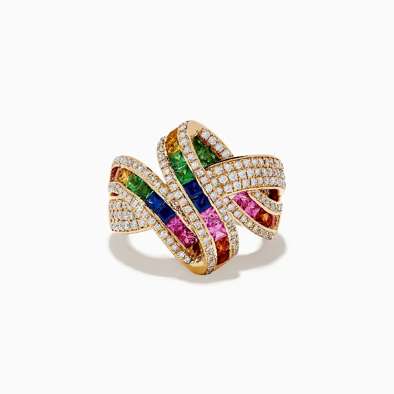 designer women's rings -Watercolor 14k Yellow Gold Multi Sapphire and Diamond Ribbon Ring