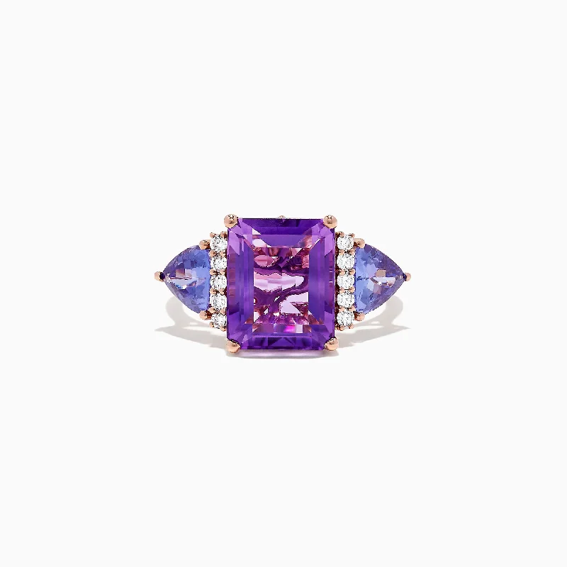 eco-friendly women's rings -14K Rose Gold Amethyst, Tanzanite and Diamond Ring, 7.49 TCW